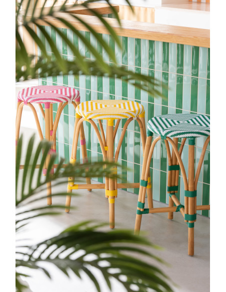 Tabouret extérieur rond en Rotin Naturel Plastique Jaune Blanc Live - 5