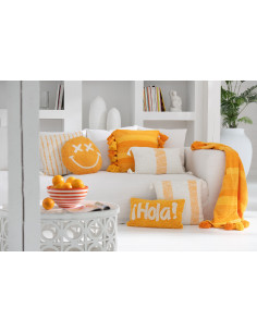 Grand Coussin moderne Carré 50x50 en Coton Orange Avec pompons Motif lignes Tazi - 2