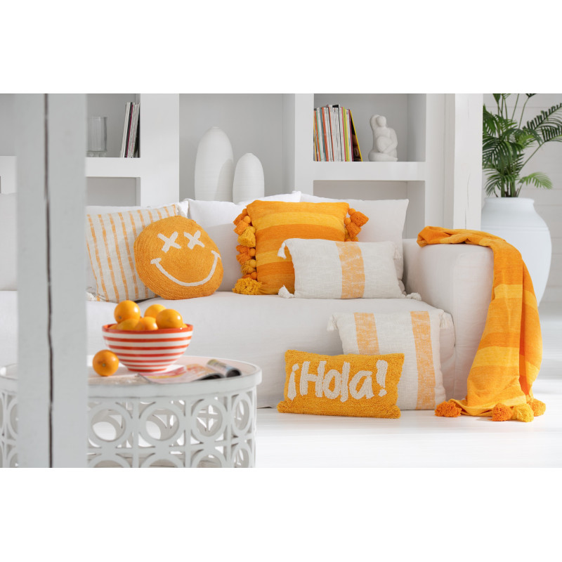 Grand Coussin moderne Carré 50x50 en Coton Orange Avec pompons Motif lignes Tazi - 2