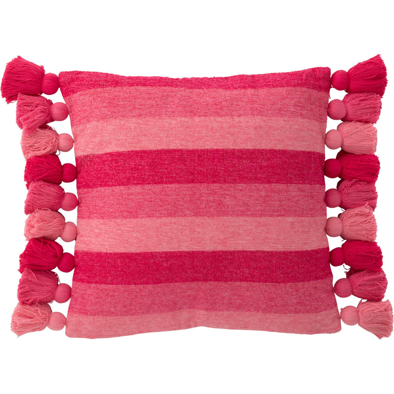 Grand Coussin moderne Carré 50x50 en Coton Rose Avec pompons Motif lignes Tazi - 1