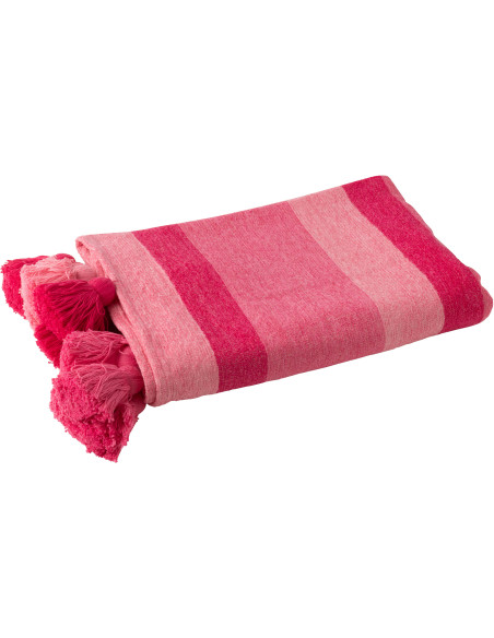 Plaid moderne 130x180 en Coton Rose Avec pompons Motif lignes Tazi - 1