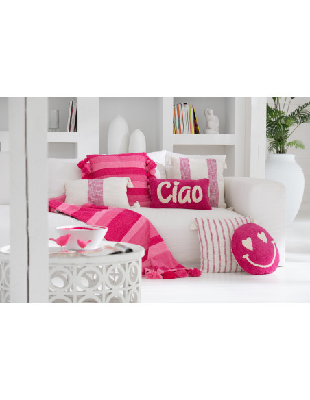 Plaid moderne 130x180 en Coton Rose Avec pompons Motif lignes Tazi - 2