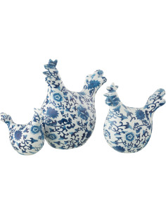Statuettes déco Coqs en Résine Blanc Bleu Motif fleurs Vyna (Lot de 3) - 1