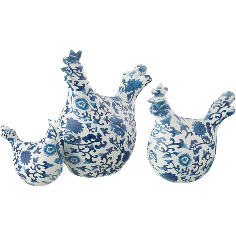 Statuettes déco Coqs en Résine Blanc Bleu Motif fleurs Vyna (Lot de 3) - 1