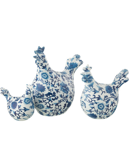 Statuettes déco Coqs en Résine Blanc Bleu Motif fleurs Vyna (Lot de 3) - 1