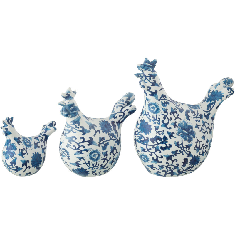 Statuettes déco Coqs en Résine Blanc Bleu Motif fleurs Vyna (Lot de 3) - 2