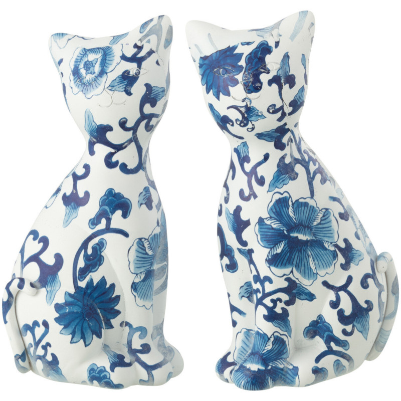 Statuettes déco Chats assis Hauteur 16 cm en Résine Blanc Bleu Motif fleurs Vyna (Lot de 2) - 1