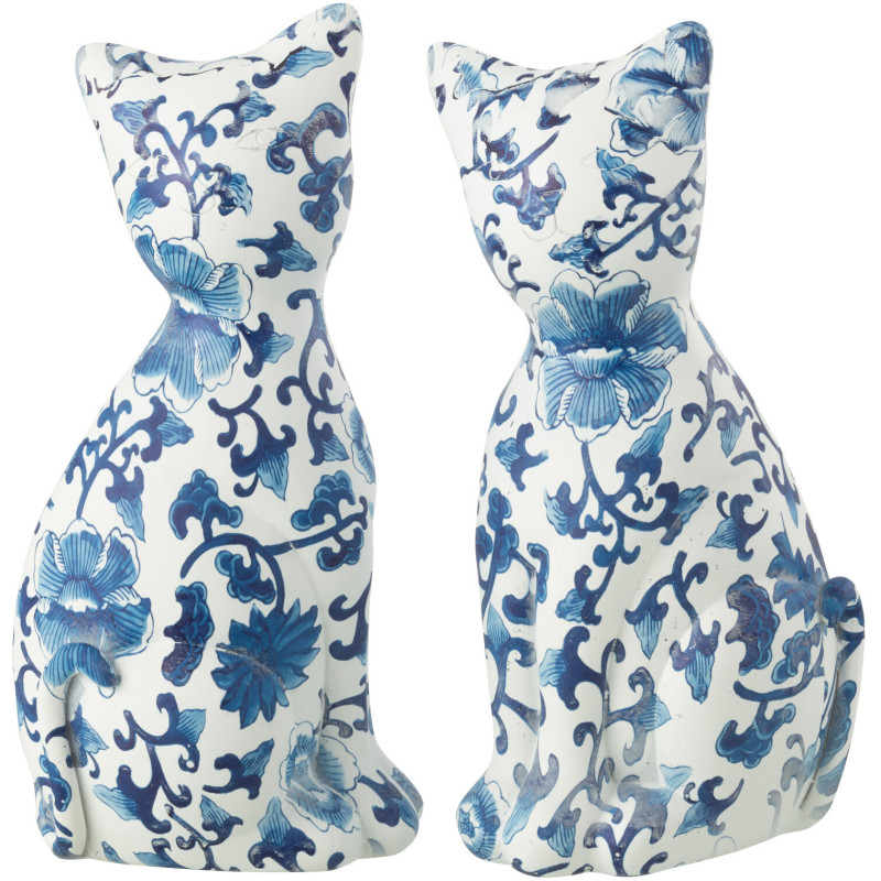 Grandes Statuettes déco Chats assis Hauteur 22 cm en Résine Blanc Bleu Motif fleurs Vyna (Lot de 2) - 1