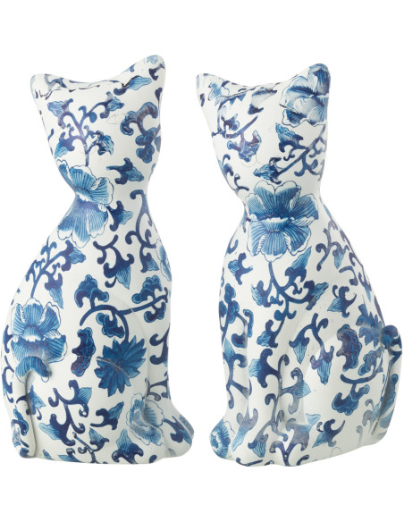 Grandes Statuettes déco Chats assis Hauteur 22 cm en Résine Blanc Bleu Motif fleurs Vyna (Lot de 2) - 1