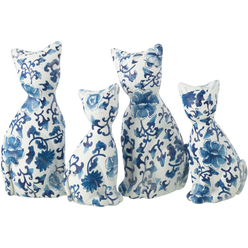 Grandes Statuettes déco Chats assis Hauteur 22 cm en Résine Blanc Bleu Motif fleurs Vyna (Lot de 2) - 2
