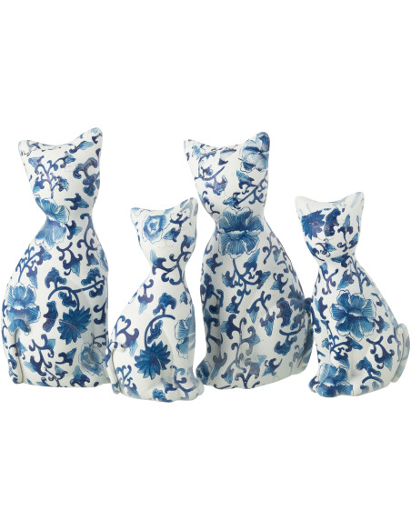 Grandes Statuettes déco Chats assis Hauteur 22 cm en Résine Blanc Bleu Motif fleurs Vyna (Lot de 2) - 2