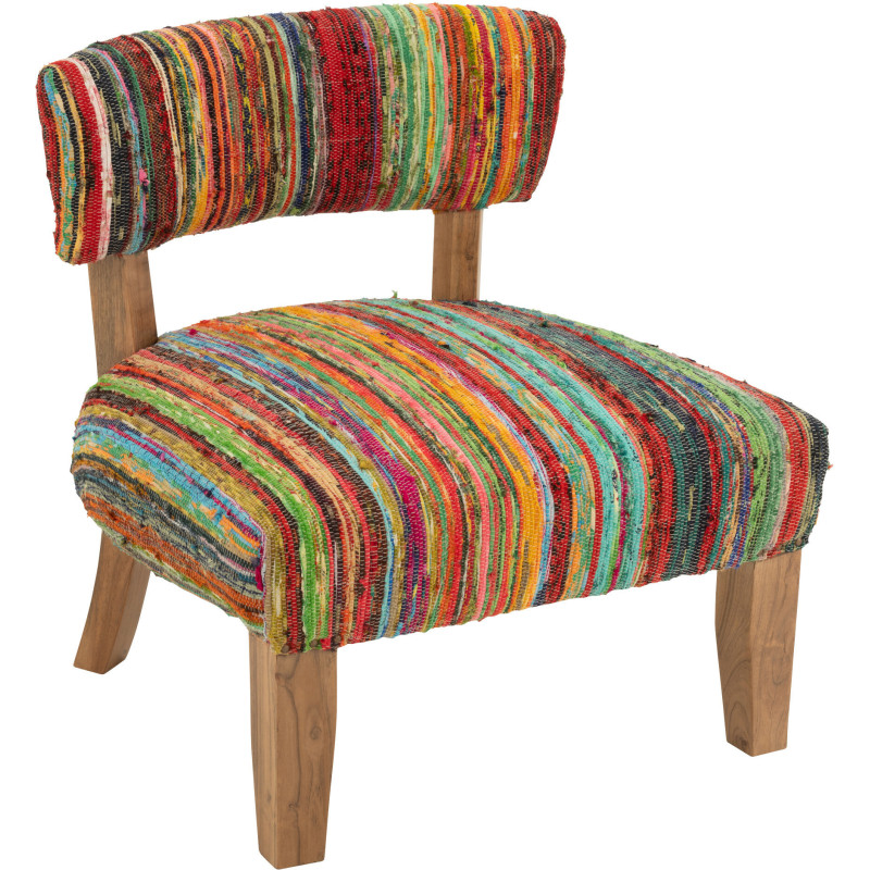 Fauteuil indien en Bois Naturel Tissu Multicolore Chindi - 1