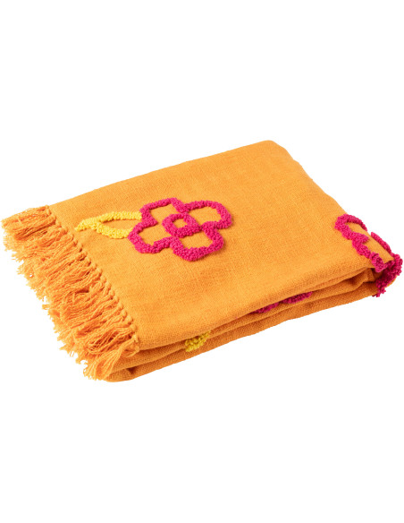 Plaid bohème chic 130x180 en Coton Orange Avec franges Motif fleurs Myra - 1