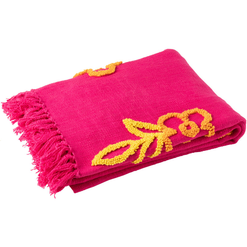 Plaid bohème chic 130x180 en Coton Rose fuchsia Avec franges Motif fleurs Myra - 1