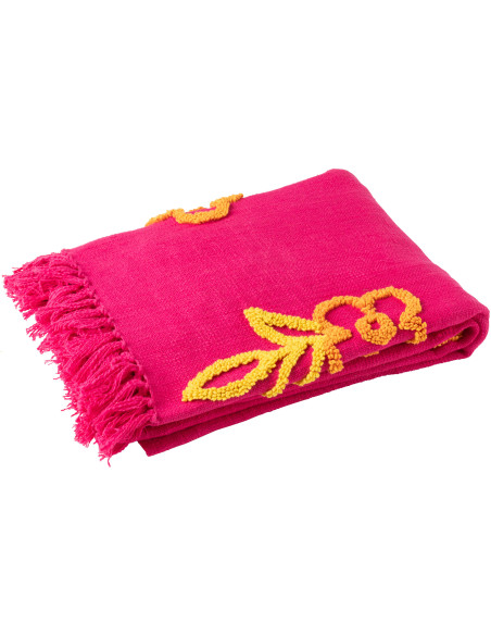 Plaid bohème chic 130x180 en Coton Rose fuchsia Avec franges Motif fleurs Myra - 1