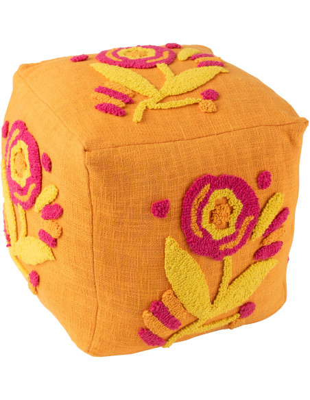 Pouf Bohème chic carré 40 cm en Coton Orange Motif fleurs Myra - 1