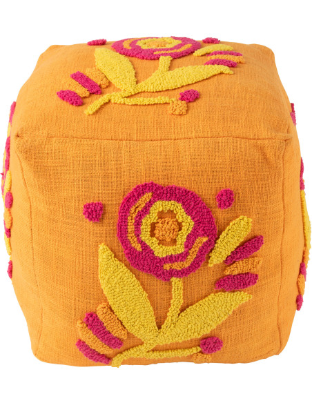Pouf Bohème chic carré 40 cm en Coton Orange Motif fleurs Myra - 2