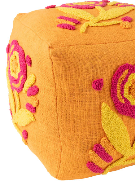 Pouf Bohème chic carré 40 cm en Coton Orange Motif fleurs Myra - 3