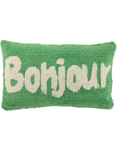 Coussin original Bonjour Rectangulaire 50x30 en Coton Vert Blanc Tufté Zilu - 1