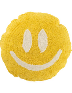 Coussin original Rond 45 cm en Coton Jaune Blanc Tufté Smiley - 1
