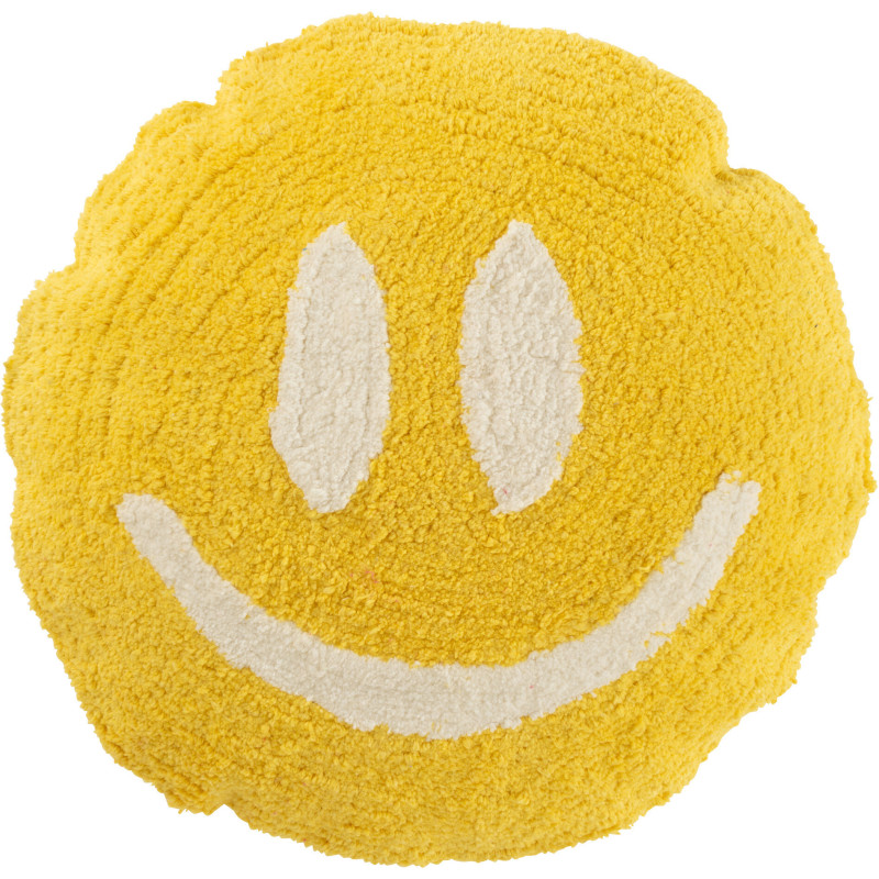Coussin original Rond 45 cm en Coton Jaune Blanc Tufté Smiley - 1