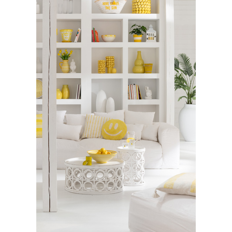 Coussin original Rond 45 cm en Coton Jaune Blanc Tufté Smiley - 2