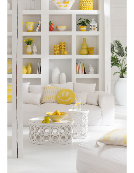 Coussin original Rond 45 cm en Coton Jaune Blanc Tufté Smiley - 2