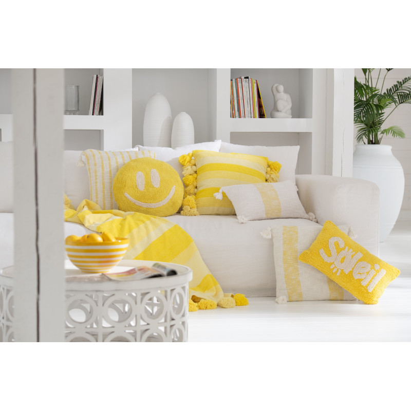 Coussin original Rond 45 cm en Coton Jaune Blanc Tufté Smiley - 4