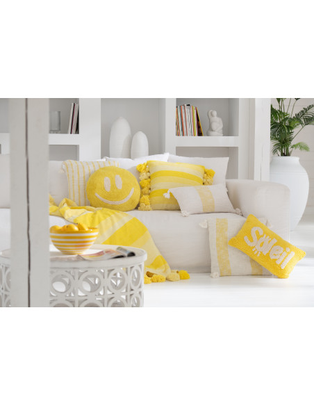 Coussin original Rond 45 cm en Coton Jaune Blanc Tufté Smiley - 4