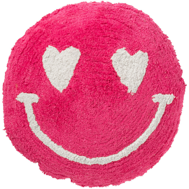 Coussin original Rond 45 cm en Coton Rose Blanc Tufté Smiley - 1