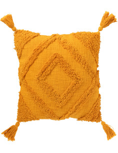 Grand Coussin bohème chic Carré 50x50 en Coton Jaune ocre Avec pompons Motif tufté Femo - 1