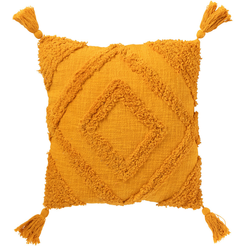Grand Coussin bohème chic Carré 50x50 en Coton Jaune ocre Avec pompons Motif tufté Femo - 1