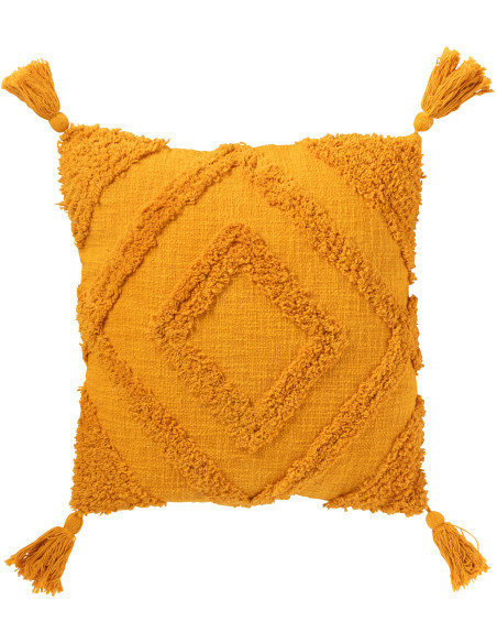 Grand Coussin bohème chic Carré 50x50 en Coton Jaune ocre Avec pompons Motif tufté Femo - 1
