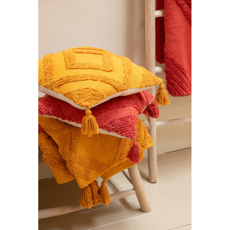 Grand Coussin bohème chic Carré 50x50 en Coton Jaune ocre Avec pompons Motif tufté Femo - 2