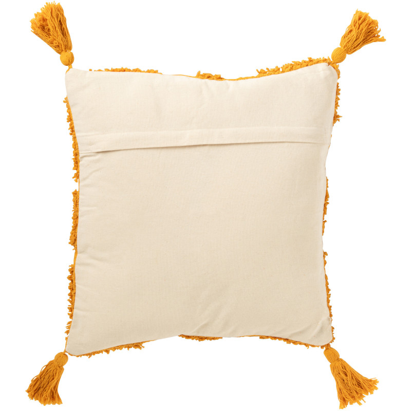 Grand Coussin bohème chic Carré 50x50 en Coton Jaune ocre Avec pompons Motif tufté Femo - 3