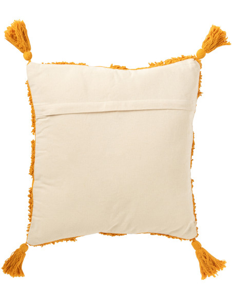 Grand Coussin bohème chic Carré 50x50 en Coton Jaune ocre Avec pompons Motif tufté Femo - 3