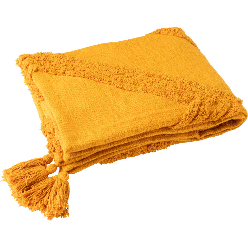 Plaid bohème chic 130x180 en Coton Jaune ocre Avec pompons Motif tufté Femo - 1