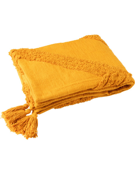 Plaid bohème chic 130x180 en Coton Jaune ocre Avec pompons Motif tufté Femo - 1
