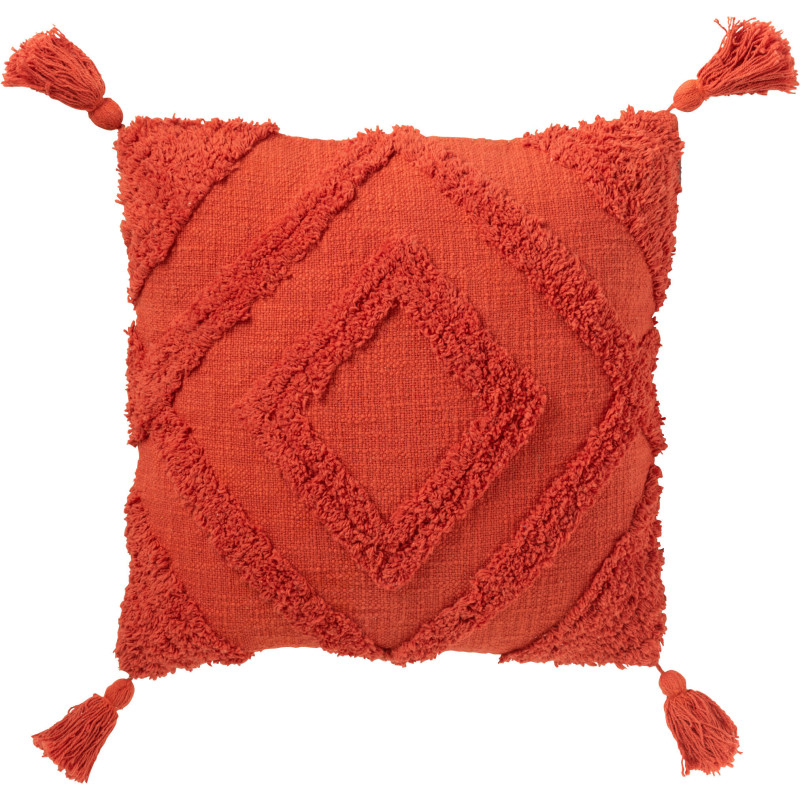 Grand Coussin bohème chic Carré 50x50 en Coton Rouge brique Avec pompons Motif tufté Femo - 1