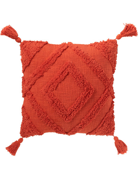 Grand Coussin bohème chic Carré 50x50 en Coton Rouge brique Avec pompons Motif tufté Femo - 1