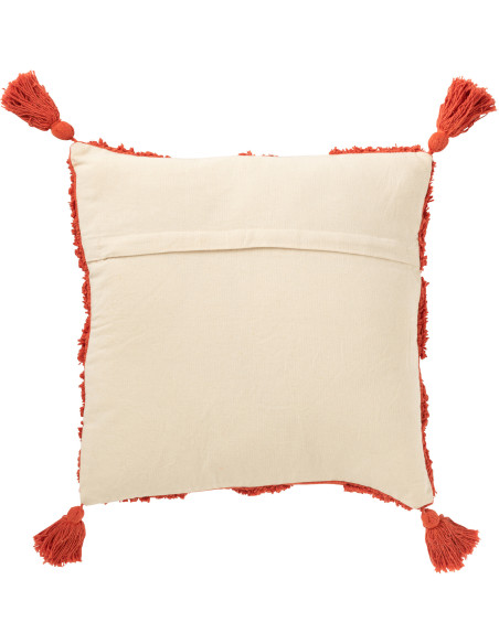 Grand Coussin bohème chic Carré 50x50 en Coton Rouge brique Avec pompons Motif tufté Femo - 2