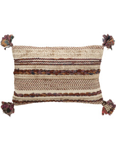 Grand Coussin africain Rectagulaire 60x40 en Coton Blanc crème Marron Avec pompons Chindi - 1