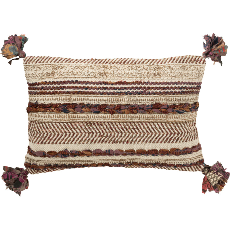 Grand Coussin africain Rectagulaire 60x40 en Coton Blanc crème Marron Avec pompons Chindi - 1
