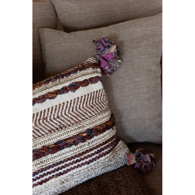 Grand Coussin africain Rectagulaire 60x40 en Coton Blanc crème Marron Avec pompons Chindi - 2