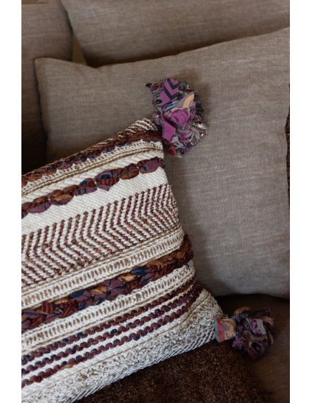 Grand Coussin africain Rectagulaire 60x40 en Coton Blanc crème Marron Avec pompons Chindi - 2