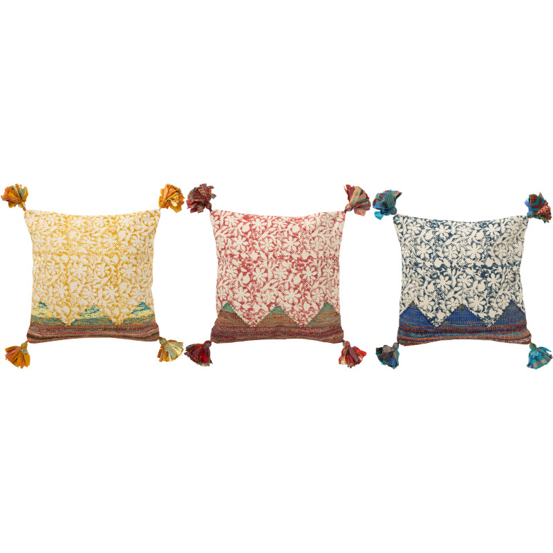 Coussin indien Carré 45x45 en Coton Jaune Rouge Bleu Avec pompons Motif fleurs Nory (Lot de 3) - 1