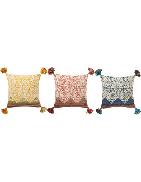 Coussin indien Carré 45x45 en Coton Jaune Rouge Bleu Avec pompons Motif fleurs Nory (Lot de 3) - 1