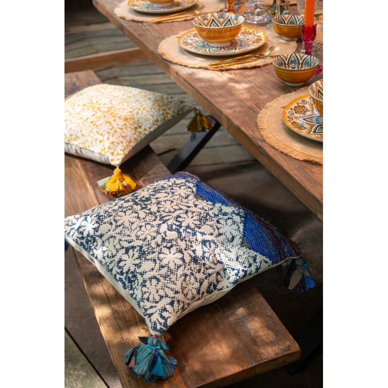 Coussin indien Carré 45x45 en Coton Jaune Rouge Bleu Avec pompons Motif fleurs Nory (Lot de 3) - 2