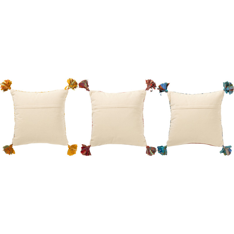 Coussin indien Carré 45x45 en Coton Jaune Rouge Bleu Avec pompons Motif fleurs Nory (Lot de 3) - 3