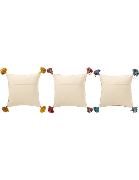 Coussin indien Carré 45x45 en Coton Jaune Rouge Bleu Avec pompons Motif fleurs Nory (Lot de 3) - 3